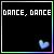 19 identical square icons with black backgrounds, each bordered by a rainbow gradient frame and displaying "DANCE, DANCE" text at the top left and a small blue heart icon at bottom right