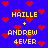 Blue background with red pixelated hearts and yellow text reading 'HAILLE + ANDREW 4EVER' in multiple positions.