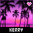 Pixelated sunset scene with palm trees, two heart symbols above the horizon, and 'KERRY' text at bottom in white and pink.