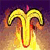 Static pixelated icon depicting a golden Aries zodiac symbol with fiery background elements on dark purple backdrop.