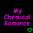 Pixelated text 'My Chemical Romance' in bright pink with green heart symbols below on a black background.