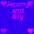 Pixelated blue background with pink text reading "Jeromy and Aly" surrounded by purple and pink heart icons in a