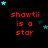 Red text 'shawti is a star' repeated across black background with blue and dark blue stars scattered, some frames show gray rectangle in bottom-right corner.