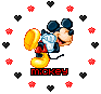 Pixelated Mickey Mouse icon with red 'MICKEY' text, surrounded by red and black heart-shaped and star-shaped pixels on gray background.
