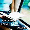 A person in a light blue top and dark shorts sits holding an open book, with text overlay reading "DEAR DIARY, I THINK I still LOVE HIM...".