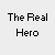 Pixel art contact sheet showing two frames of an animated icon with a large muscular character and smaller figure on a gray platform, labeled "The Real Hero" in pixelated text.