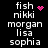 Black background with white pixelated text listing names in two , each containing fish, nikki, morgan, lisa, sophia; one instance of pink heart symbol and one instance of pink dot cluster animation