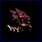 Animated dragon-like creature with purple and brown coloring, white teeth, and a black background in