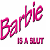 Pixelated pink text 'Barbie' in large cursive script with smaller blocky letters below reading 'BAEUT', all on white background.