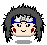 Pixel art head with spiky dark hair, blue forehead band, red cheek marks, and a neutral expression on gray background.