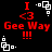 Red text and white pixel art on black background with repeated 'Gee Way' and heart symbols, animated by shifting white square patterns.