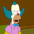 Pixelated cartoon character with white hair, blue bow tie, pink shirt, and yellow sleeves against brown background.