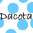 A static contact sheet of a pixelated buddy icon featuring blue polka dots on white background with repeated text "Dacota" in black font, showing three sampled frames from an animation.