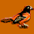 Pixelated bird on orange background next to diamond-shaped logo with 'Orioles' text and baseball imagery.
