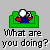 Pixelated cartoon figures in green rectangular frames with text labels, showing various poses and actions like drinking, watching, and reacting.