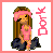 Pixel art icon of a cartoon girl with long brown hair wearing pink headband and top, dark pants, winking eye, standing next to vertical pink text on white background with pink border.