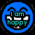 Three circular pixelated icons with smiling faces and text "I am happy" displayed in cyan over black backgrounds.