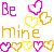 Pixelated graphic displays 'Be Mine' text with pink and orange hearts on white background.