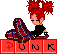 Pixel art of a red-haired character with pink eyes holding a large plaid object, positioned above a of red displaying partial text characters