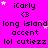A static image with a bright pink background featuring repeated text elements and small white stars, including 'iCarly', '<3', 'long island', 'accent', and 'lol cutiezz' in black pixelated font.