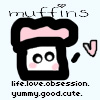 Pixelated icon of a black character with pink bow, white face, pink cheeks, and two circular eyes, with text above and below.