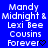 Blue background with white pixelated text reading "Mandy Midnight & Lexi Bee Cousins Forever" and a black heart symbol, displayed in two identical side-by-side