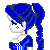 Pixelated character with blue hair in a high ponytail, wearing a blue and white outfit with striped details.