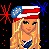 Pixelated cartoon woman with blonde hair wearing red-white-blue headband, three variations of text below her on black background with red-blue starbursts.