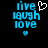 Pixelated blue text 'live laugh love' with a white heart above and small blue heart below on black background.