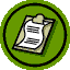 Two circular green icons with black borders show a scroll with text; the right icon has red underlining and yellow sparkles.