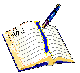 Animated sequence of a journal icon with a pen, showing pen movement from upright to angled positions