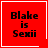 Red square icon with black text "Blake is Sexii" and white border; two variations show small heart or star symbol in bottom-right corner.