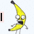 Animated pixel art banana character with wide eyes and open mouth, displaying text bubbles 'am a' and 'banana' against white background.