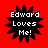 Four identical pixelated black starburst shapes on a solid red background, each containing white text reading "Edward Loves Me!" in three lines.