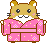 Pixel art of a hamster in pink floral kimono with white accents, showing two expressions: open eyes and closed eyes.