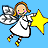 Pixelated angel figure with brown hair, white dress, and gray wings holding a yellow star against blue background.