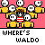 Pixel art of a character with brown hair and red-and-white striped shirt surrounded by yellow figures, text 'WHERE'S WALDO' below, speech bubble reads 'SUCKERS'.