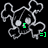 Pixelated white skull with heart-shaped eye sockets and crossbones on black background, displaying green text changes.