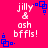 Pixelated text on bright pink background with blue square animations; 'jilly & ash bffls!' in white lowercase letters with blue square accents.