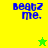 Blue pixelated text "Beatz me." on yellow and green backgrounds with a green star and yellow star in different positions.