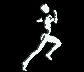 White silhouette of a running figure on black background, displayed in three with varying stride positions and pixelation levels