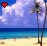 Pixelated beach scene with palm trees, blue sky, and ocean; heart icons change color across frames.