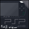 Pixel art depiction of a dark gray PSP console with visible screen, D-pad, and button layout, featuring large stylized 'PSP' text below.