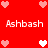 Red background with repeated white "Ashbash" text and pink/white pixel hearts in a pattern