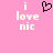 Pixelated pink background with white text 'i love nic' and a black pixel-art heart symbol above the left instance of 'love'.