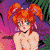 Pixelated image of a character with bright orange hair styled in large pigtails, green eyes, and a black choker necklace against a colorful background.