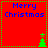 Red background with blue "Merry Christmas" text and green pixelated Christmas tree icons in four quadrants.