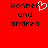 Red background with black pixelated text 'konner and andra' on left and right, white pixelated heart symbol above 'konner' on left.