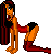 Pixel art contact sheet showing two frames of an animated character with long dark hair, orange skin, and red clothing in a kneeling pose against gray background.