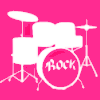 White drum kit silhouette on solid pink background with 'ROCK' text on bass drum head.